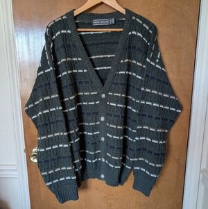 Vintage David Taylor Green Striped Acrylic Knit Cardigan Sweater